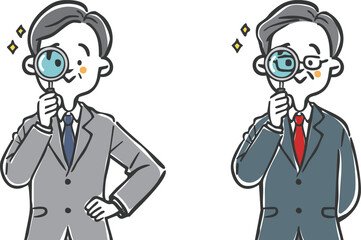 虫眼鏡をのぞく中高年ビジネスマン　上半身　ベクター