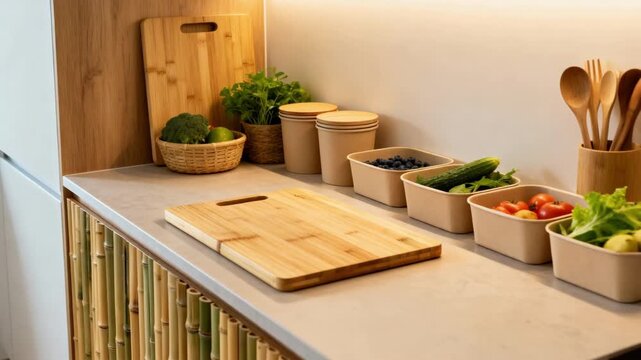 Sustainable kitchen workspace using bamboo cutting boards and compostable storage containers for an ecofriendly food prep environment.