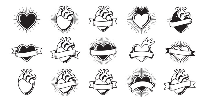 Set of stylized anatomical human heart icons with sunbursts and decorative ribbons vector designs