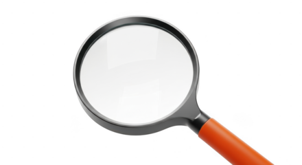 Closeup of a magnifying glass with a clear lens and orange handle isolated on transparent background