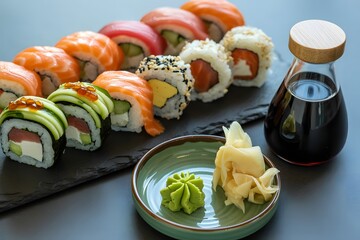 Assorted sushi rolls with soy sauce and wasabi