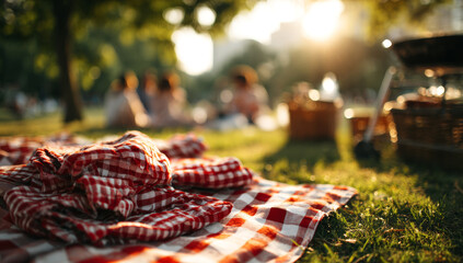 Family enjoying a sunny outdoor picnic on a checkered red and white blanket in a lush park with green grass and trees