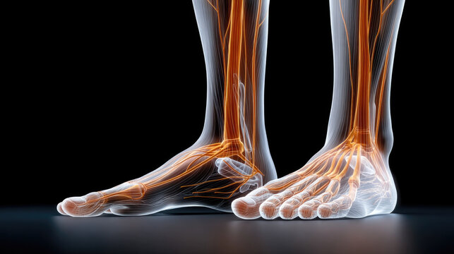 Side view of human feet anatomy showing nerves, bones, and muscles in medical illustration on black background