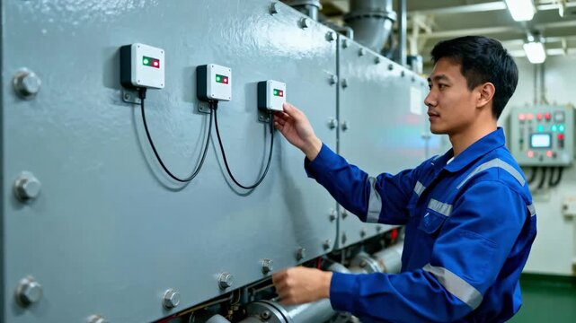 Medium shot of a technician adjusting IoT sensors installed on ship machinery enabling continuous condition monitoring and predictive alerts to prevent system failures.