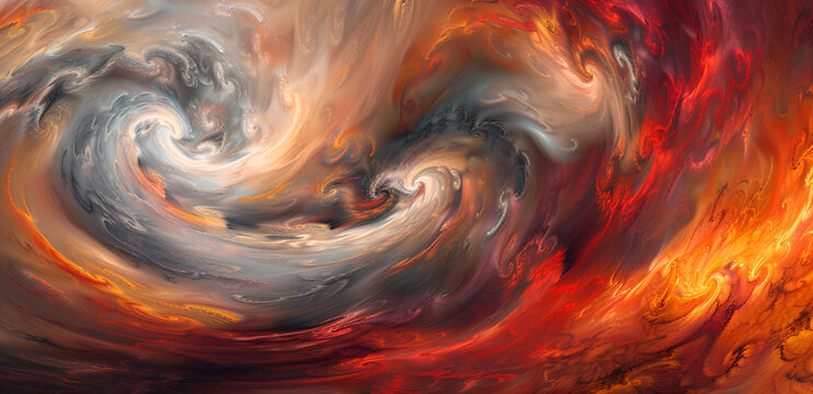 Abstrakcyjny wir ognia i dymu w czerwieniach oraz pomarańczu, dynamiczna burza energii, dramatyczne tło pełne ruchu.
