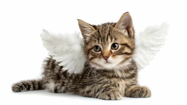 Adorable fluffy tabby kitten with white angel wings lying on white background, fantasy pet concept image