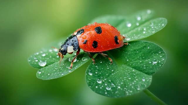 Close-up of a ladybug with raindrops on green clover leaf against blurred nature background in spring