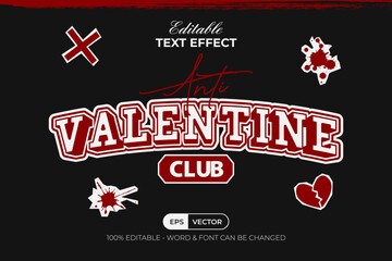 Anti Valentine Club Text Effect Varsity Curved Style. Editable Text Effect.