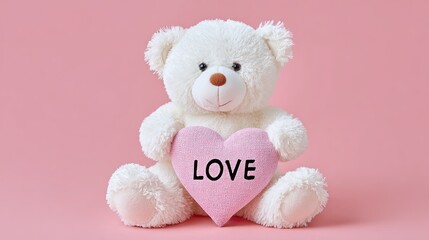Cute teddy bear holding pink heart with love surrounded by soft hearts on pastel pink background