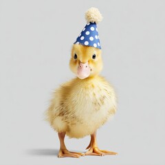 Adorable yellow duckling wearing blue polka dot party hat standing on gray background for festive concept