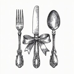 Vintage tableware engraving sketch with fork knife spoon tied by ribbon in elegant metal black style