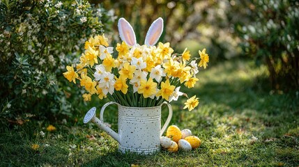 Spring daffodils in white watering can with bunny ears and Easter eggs on grass in sunny garden background
