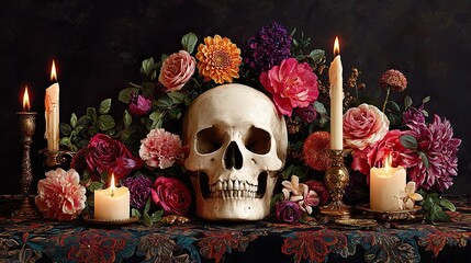 Elegant still life skull with glowing candles and vivid flowers arranged in dramatic dark setting for art design