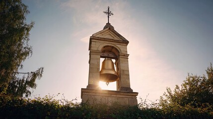 Bell tower glowing in warm sunset light with golden bell and historic stone architecture above leafy greenery