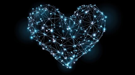 Blue glowing digital heart made of light nodes and connecting lines on black background for tech illustration