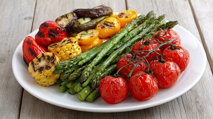 Grilled vegetable plate with asparagus corn pepper eggplant and tomato arranged as vibrant healthy summer dish