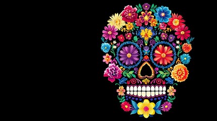 Floral sugar skull art with vibrant folk flowers and decorative details on dark background celebrating tradition