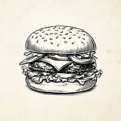 Burger illustration with engraving sketch style showing detailed layers of bun lettuce cheese and classic filling