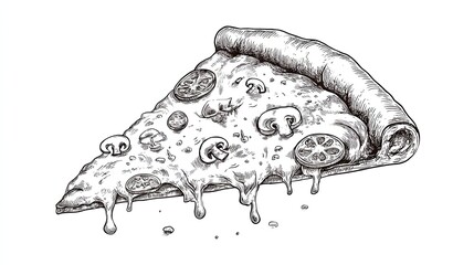 Engraving sketch melting cheese pizza slice with mushrooms and tomato toppings in detailed vintage line art