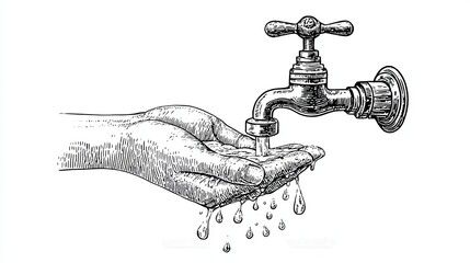 Hand washing water flow engraving sketch with vintage tap and dripping hands in detailed hygiene illustration