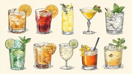 Vintage cocktail collection with citrus and mint accents in colorful hand-drawn style for bar menu design