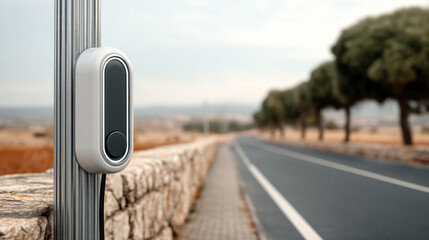 Modern electric vehicle charging station on roadside with stone wall, empty road, and trees in background, eco friendly transportation concept