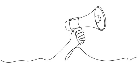 Single one line drawing a hand in casual clothes is holding a megaphone. A tool to help many people hear. Important announcement. National Be Heard Day. Continuous line design graphic illustration
