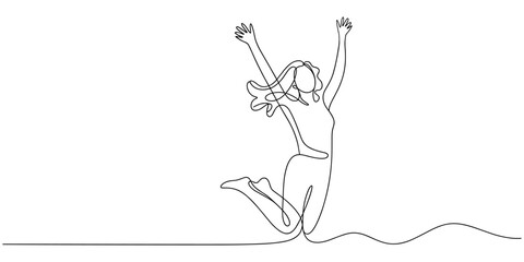 Happy jumping celebrating illustration in continuous one line drawing. Happy person jumping high giving high five in one line draw. Editable vector, continuous line drawing of four jumping happy team