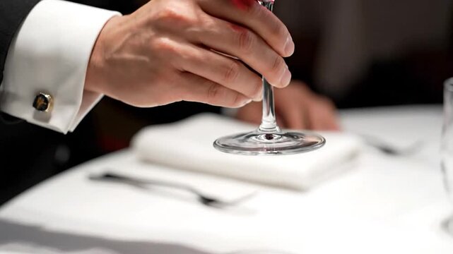 Hand holding a red wine glass, cufflink visible, at a table setting