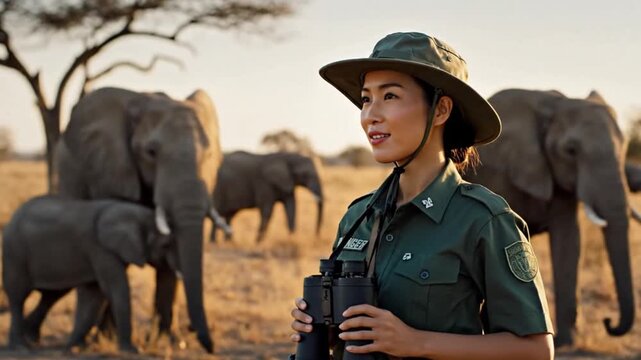 Medium Shot of Wildlife Ranger Observing Animals Through Binoculars with Conservation Focus - Powered by Adobe