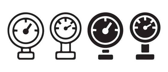 Pressure Gauge Icons. Line Art and Solid Black Vector Set.