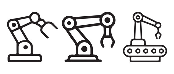 Industrial Robot Arm Icons Set. Automation, Manufacturing, Technology Line Art.