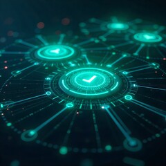 Futuristic technology interface with glowing blue circuits and checkmark