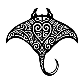 Silueta de manta raya gigante con decoraci&oacute;n de tatuajes tribales maor&iacute;es