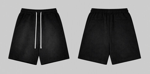 Blank Black Fleece Sweat Shorts Mockup, Front and Back Views, Isolated on White Background © Drip