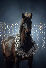 A majestic dark brown PRE (andalusian) horse stands proudly against a dramatic background with festive string lights