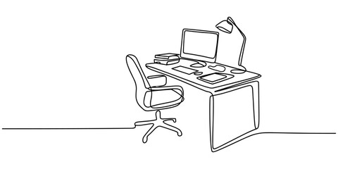 One continuous line drawing of home office interior. Modern work desk and chair with laptop in simple linear style. Remote distant work concept in editable stroke. Doodle vector illustration