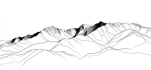 A monochromatic, stylized illustration of mountain peaks with shading and contour lines