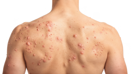 Rear view of a genderneutral silhouette with papules scattered across the upper back emphasizing dermatological patterns in a clinical context.