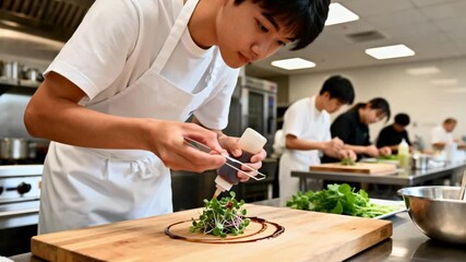 Medium shot of a student practicing plating techniques during a culinary certification class filled with modern kitchen equipment and focused learners.