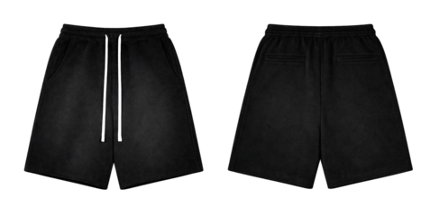 Blank Black Fleece Sweat Shorts Mockup, Front and Back Views, Isolated on Transparent Background