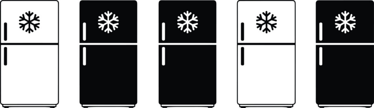 Vector Icon Set Featuring Two-Door Refrigerators with Snowflake Symbols in Solid Black and Outline Styles for Cold Storage