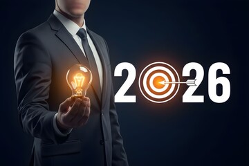 A businessman's finger touches a digital light bulb icon on a futuristic touchscreen button to start a successful technology network concept