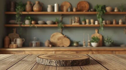 Rustic Wooden Kitchen Scene with Tree Trunk Display and Natural Decor