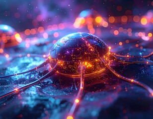 Close-up of glowing, spherical structures connected by shimmering wires