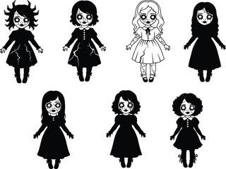 Gothic doll characters, spooky eyes, cracked face design, eerie expressions, horror theme, creepy toys, stylized figures, haunted look, Halloween illustration, dark art, doll fashion, mysterious vibe