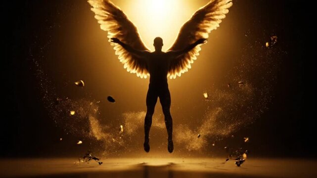 Cinematic Silhouette of Man Breaking Chains and Sprouting Wings representing Freedom and Success