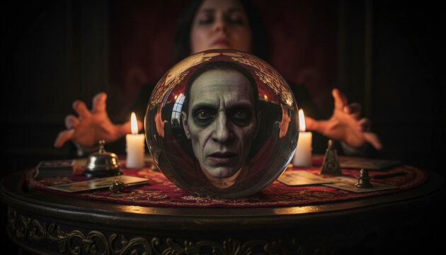 Fortune teller with crystal ball and candles in darkroom setting  