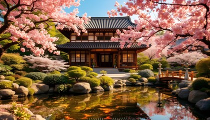 Traditional Japanese temple architecture surrounded by blooming pink cherry blossom trees.