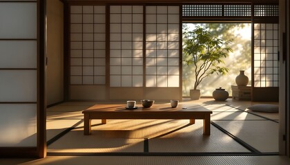 Minimalist Japanese interior design with tatami mats and a wooden table under soft natural light rays.